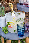 DIY champagne cooler on ice with frozen fruit and herbs