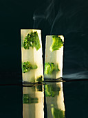 Clear broccoli soup cuboids (molecular gastronomy)