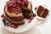 Frosted Chocolate Layer Cake decorated with fresh berries, on white cake stand