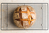 Mixed grain bread on a cooling rack