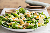Potato salad with lettuce, green asparagus, peas and quail eggs