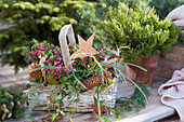 Basket with prickly heath, ivy, pinecones, sedge, star, and deer figure
