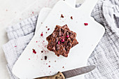 Brownie bites with chocolate and dried raspberries
