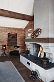Open fireplace in rustic wooden house