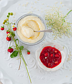 Elderflower ice cream and wild strawberry compote