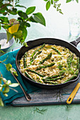 Spring asparagus risotto in a pan ready to be served
