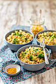 Fried rice with chicken, broccoli and corn