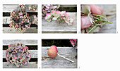 Tying a wreath of hydrangeas and apples