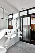 Walk-in shower in modern bathroom with garden access