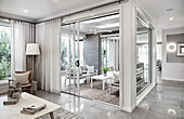 Recessed conservatory in modern house in shades of grey and white