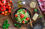 Spaghetti with pesto and braised tomatoes