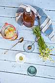 Iced tea with cucumber and lemon on a garden table