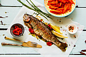 Baked Trout Fish and sweet potato on a turqouise surface