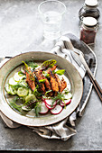 Toasted Moroccan carrots on cucumber and radish salad