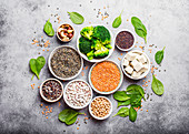 Top view of different vegan protein sources