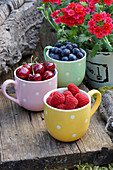 Blueberries, cherries and raspberries in mugs on wooden bench outdoors