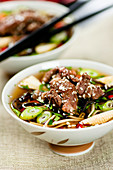 Asian beef soup with mushrooms, chillies and sesame