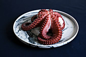 From above tasty appetizing juicy octopus in white and grey plate on black background