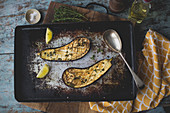 Fried eggplants with olive oil and thyme
