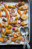Roasted vegetables on a baking tray