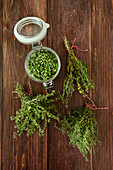 Dried aromatic herbs - thyme lemon thyme and Greek basil