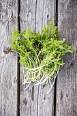 Oriental mixed leaf salad on a wooden surface