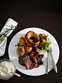Roast rib of beef with Yorkshire puddings