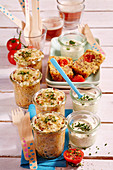 Minced meat muffins with cheese baked in jars with a yoghurt dip