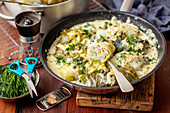 Cabbage stuffed with fish and rice in leek and capers sauce