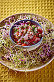 Veal tartare with capers, tomato sauce and bean sprouts