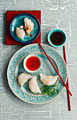 Steamed shrimp won tons with two sauces