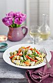 Fusilli with creamy chicken and vegetable sauce