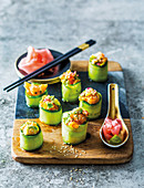 Cucumber rolls with prawn avocado mixture