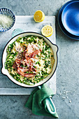 One Pot with Israeli Couscous, peas, leek and prosciutto