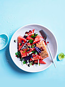 Ocean Trout with watermelon jalapeno salad and lime