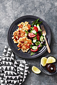 Macaroni and haloumi fritters with greek-style salad
