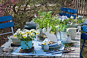 Easter table decoration with chervil and horned violets 'Rocky Sunny Side Up', Easter bunnies and Easter eggs
