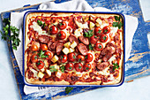 Crispy chorizo and potato pizza slab