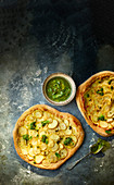Spelt white pizza with Jersey Royal potatoes and pesto