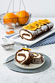 Carrot and chocolate Swiss roll with oranges (low carb)