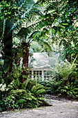 Cottage with lattice windows in an enchanted garden