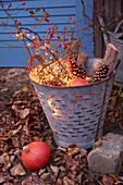 Vintage Zinkgefäß mit Herbstdekoration und Lichterkette im Garten