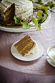 Homemade carrot cake with mascarpone and preserved peach filling