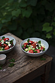 Water melon, avocado, kalamata olive and goat cheeese (or feta) salad