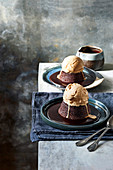 Espresso mud cakes, chocolate syrup and ice cream