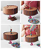 Decorating gravity-defying sweet cake (party cake with colorful chocolate)