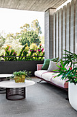 Sofa, coffee table and plants on the covered terrace