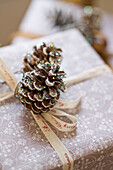Verpacktes Weihnachtsgeschenk mit Zapfen dekoriert