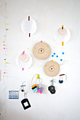 Handicraft materials hung on the wall with washi tape