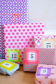 Colorfully wrapped gifts with numbers as an advent calendar